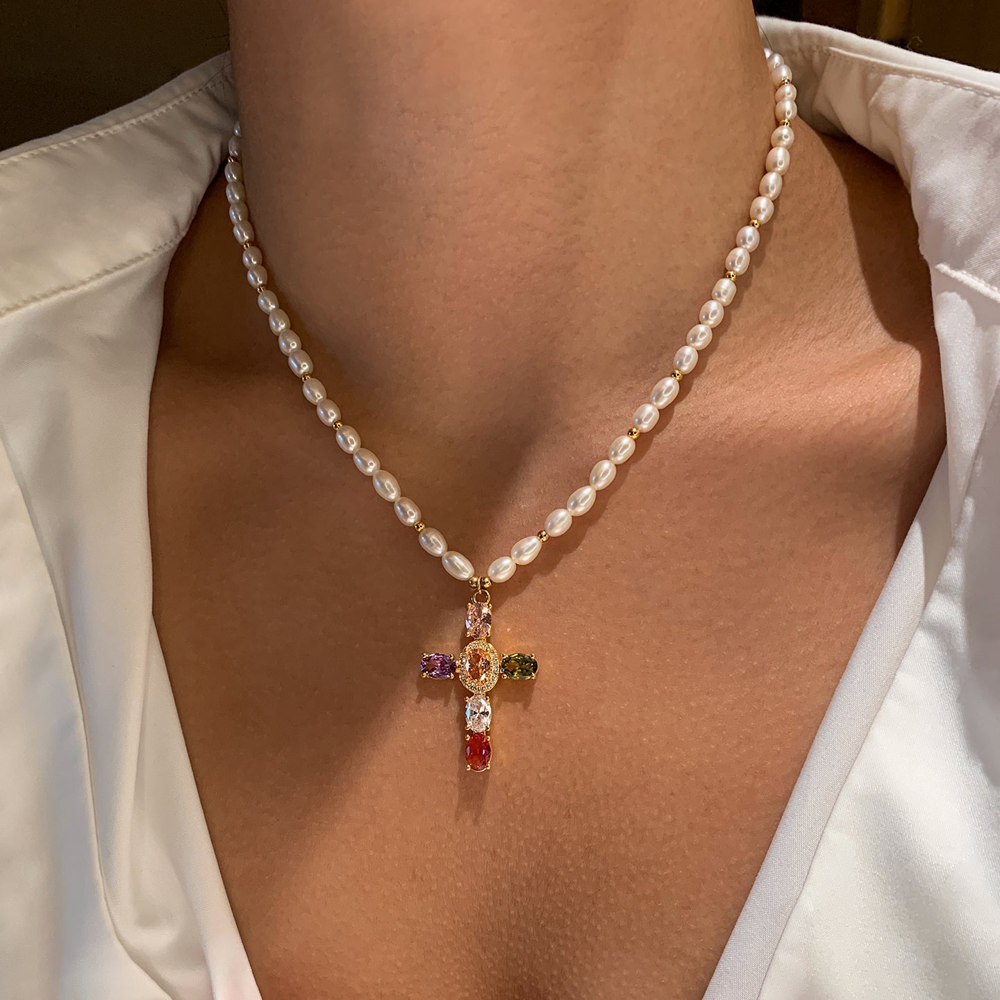 Natural Pearl Colorful Cross Pendant Necklace 22K Gold Plated Natural Pearl Colorful Cross Pendant Necklace 22K Gold Plated
