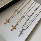 Colorful Zircon Cross Pendant Necklace 22K Gold Plated