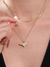 18K Gold Plated Stainless Steel Double-Layer Necklace – Paved Heart & Wing Zircon Pendant