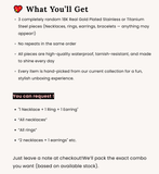 3 Random 18K Real Gold Plated Stainless or Titanium Steel pieces - “Drop your lucky number! If the wheel lands on your number, you’ll get an extra mystery bag for free.”
