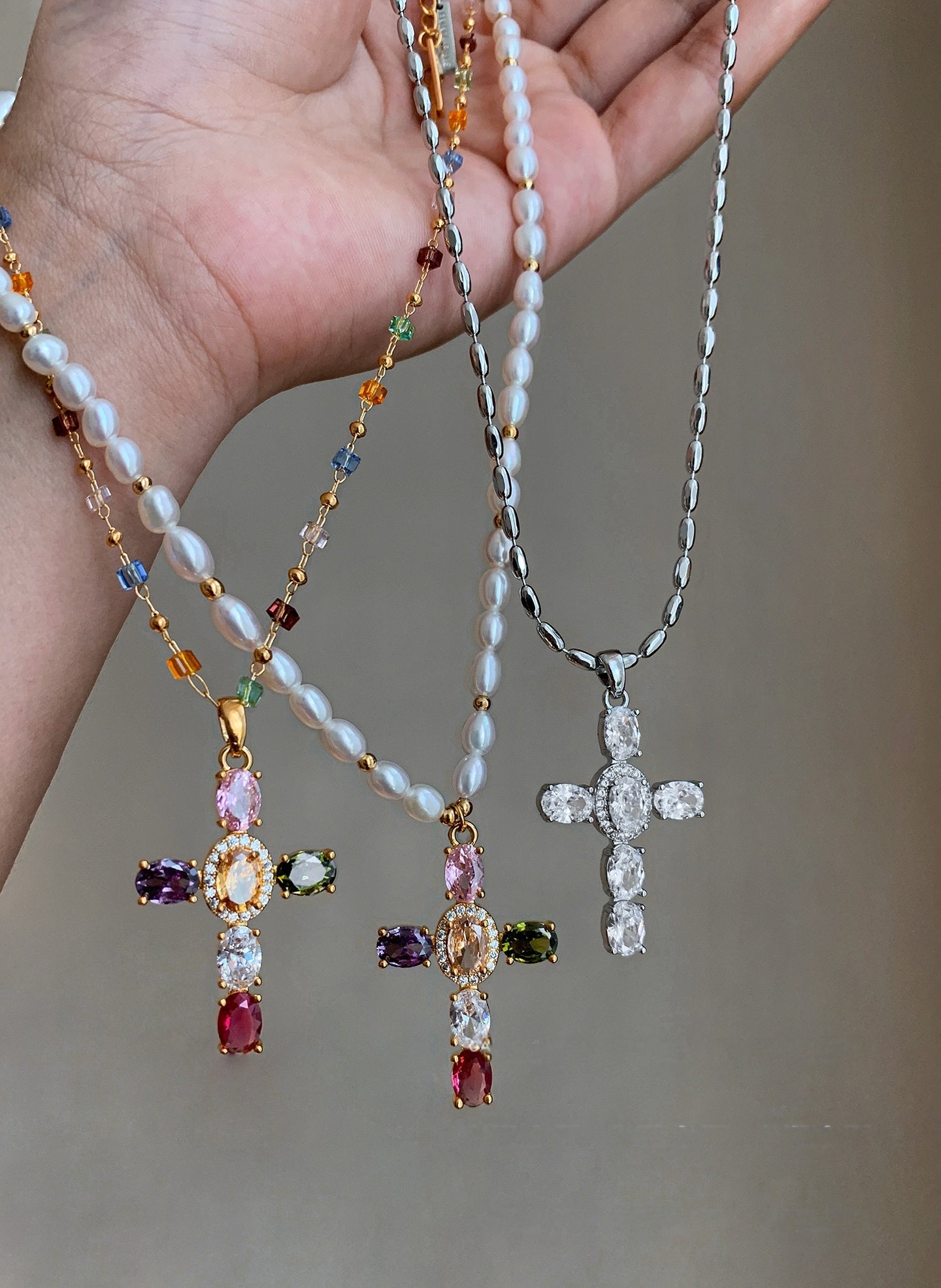 Natural Pearl Colorful Cross Pendant Necklace 22K Gold Plated Natural Pearl Colorful Cross Pendant Necklace 22K Gold Plated