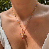 Colorful Zircon Cross Pendant Necklace 22K Gold Plated