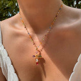 Colorful Zircon Cross Pendant Necklace 22K Gold Plated