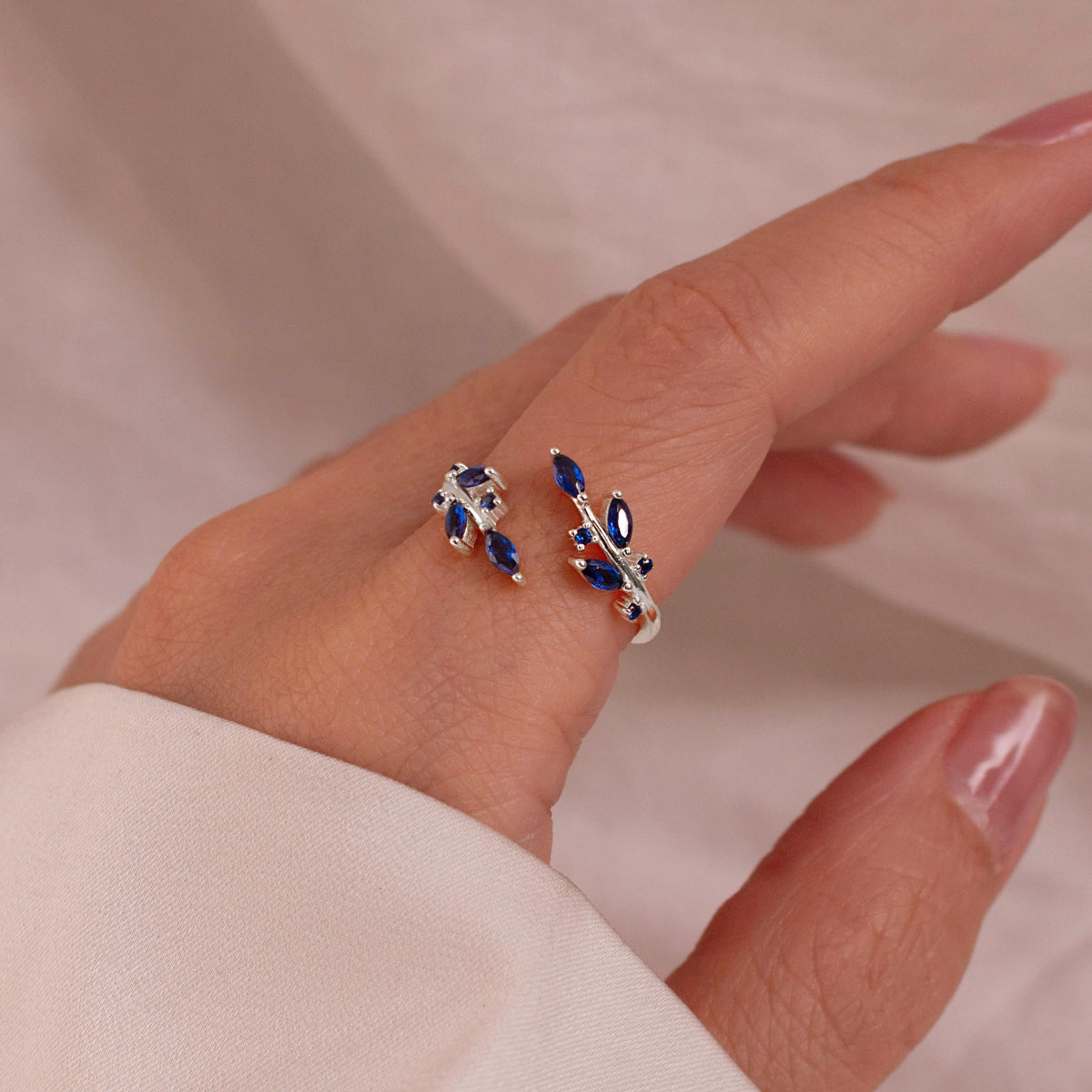 Blue Sapphire Ring 925 Sterling Silver Something Blue Rings Leaf Adjustable Everyday Jewelry, September Birthstone Personalized Gift