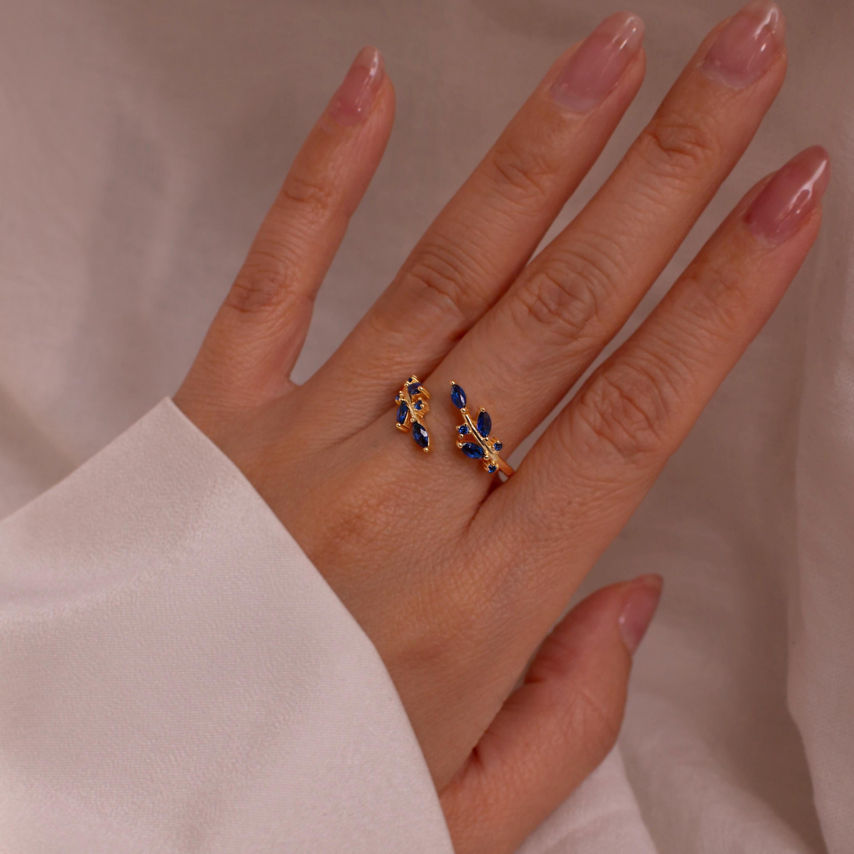 Blue Sapphire Ring 925 Sterling Silver Something Blue Rings Leaf Adjustable Everyday Jewelry, September Birthstone Personalized Gift Blue Sapphire Ring 925 Sterling Silver Something Blue Rings Leaf Adjustable Everyday Jewelry, September Birthstone Personalized Gift