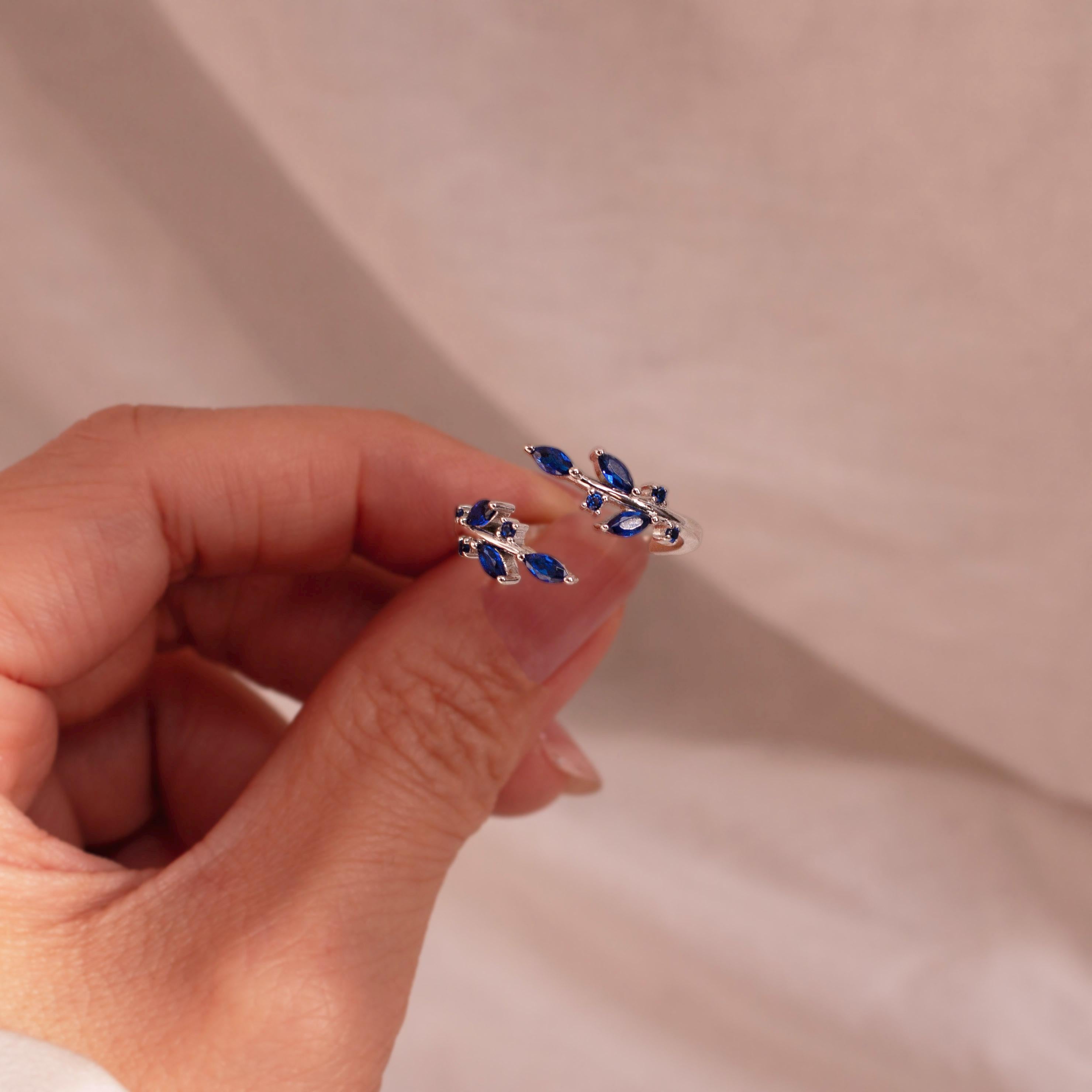 Blue Sapphire Ring 925 Sterling Silver Something Blue Rings Leaf Adjustable Everyday Jewelry, September Birthstone Personalized Gift Blue Sapphire Ring 925 Sterling Silver Something Blue Rings Leaf Adjustable Everyday Jewelry, September Birthstone Personalized Gift