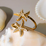 18K Gold Starfish Shell Ring – Adjustable CZ Beach Ring
