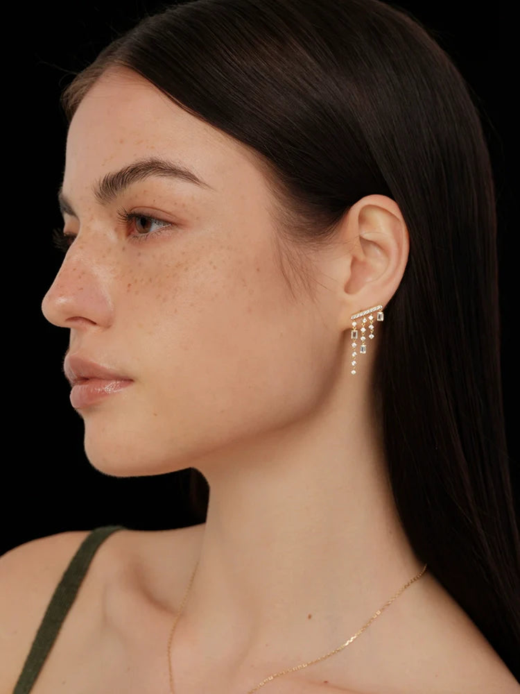 S925 Sterling Silver French Mini Chandelier Tassel Earrings Rainfall Square-Cut Design S925 Sterling Silver French Mini Chandelier Tassel Earrings Rainfall Square-Cut Design