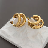 Triple C-Shaped Hollow Hoop Earrings – 18K Gold Plated Titanium Steel, Trendy Summer Statement Jewelry for Women