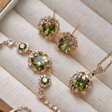 Emerald Forest Dreams Collection – Olive Green Zircon Maple Leaf Jewelry Set (Stud Earrings, Ear Cuff, Bracelet, Necklace)