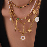 Stainless Steel Heart & Flower Cross Necklace – DIY Colorful Zircon Pendant