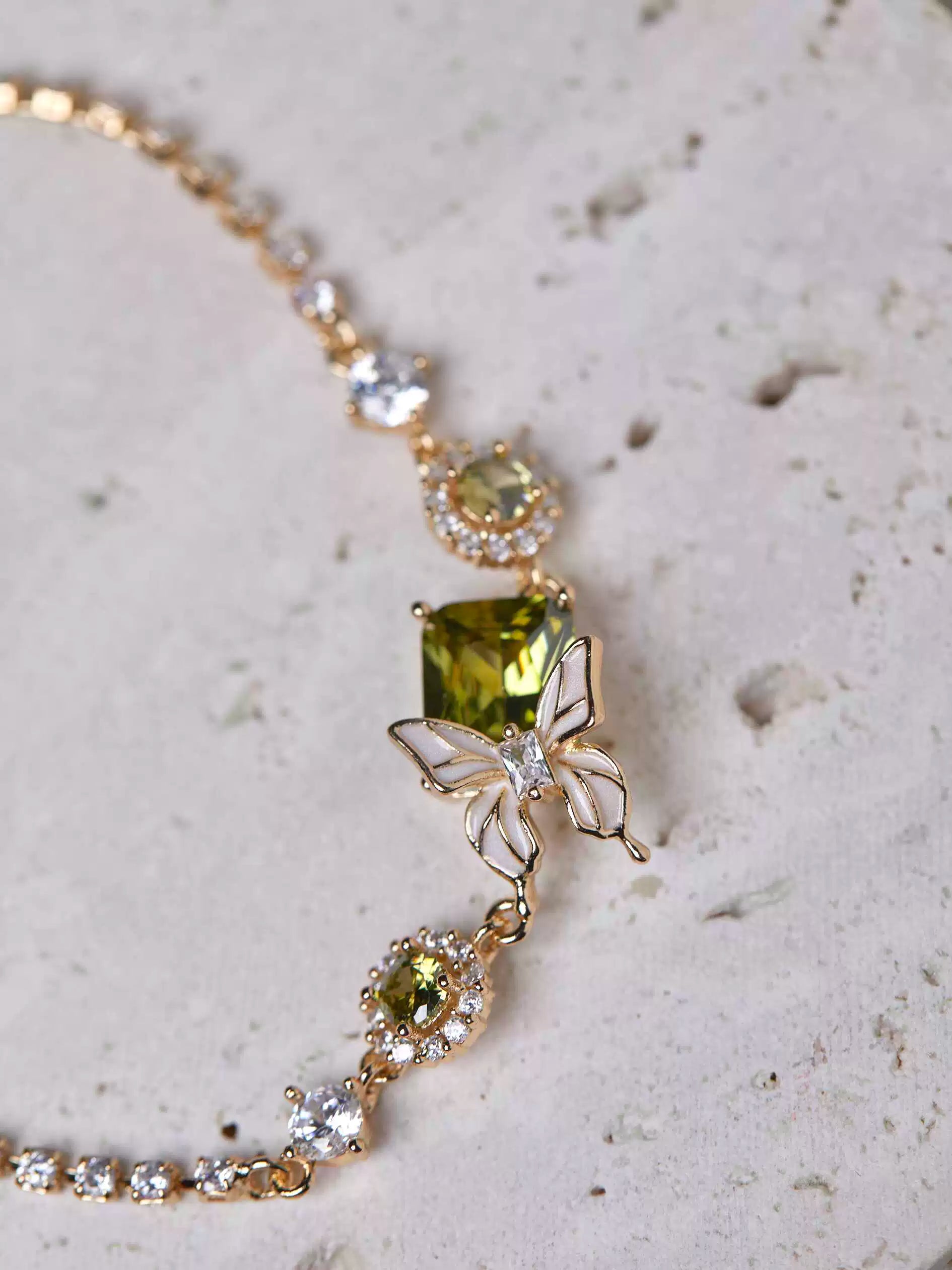 Misty Forest Olive Green Zircon Butterfly Bracelet – Unique Designer Sparkling Jewelry Misty Forest Olive Green Zircon Butterfly Bracelet – Unique Designer Sparkling Jewelry