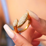 Stainless Steel CZ Pave Irregular Geometric Open Ring – Luxury Adjustable Fashion Ring