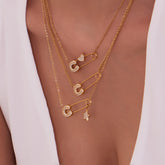 CZ Safety Pin Pendant Necklace – 18K Gold-Plated Stainless Steel, Bold & Stylish