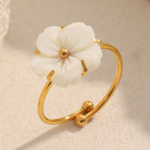 French Elegant White Shell Flower Open Ring – 18K Gold Plated Stainless Steel, Minimalist Chic Jewelry for Women