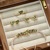Misty Forest Olive Green Zircon Heart & Bow Jewelry Set – Earrings, Ear Cuffs & Bracelet, Vintage-Inspired Sparkling Design