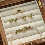 Misty Forest Olive Green Zircon Heart & Bow Jewelry Set – Earrings, Ear Cuffs & Bracelet, Vintage-Inspired Sparkling Design