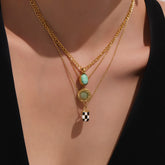 Turquoise Oval Pendant Layered Necklace – Enamel Checkerboard Bag Charm Stainless Steel Chain