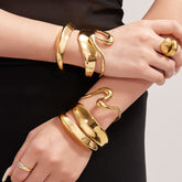 Geometric Open Bangle – 18K Gold Plated Eco-Friendly Titanium Steel, Textured Curve Design Bracelet