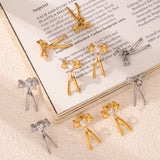 Korean-Japanese Style Bowknot Earrings – 18K Gold Plated Titanium Steel, Colorful Zircon Inlaid, Dainty Luxury Statement Studs