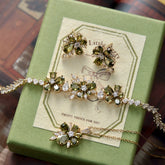Misty Forest Olive Green Zircon Jewelry Set – Earrings, Ear Cuffs, Bracelet & Necklace, Vintage Forest-Inspired Design