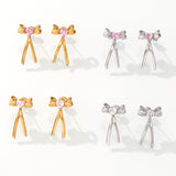 Korean-Japanese Style Bowknot Earrings – 18K Gold Plated Titanium Steel, Colorful Zircon Inlaid, Dainty Luxury Statement Studs