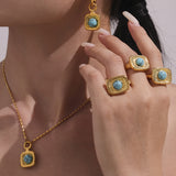 18K Gold Plated Titanium Steel Jewelry – Natural Blue Turquoise Necklace, Earrings & Open Ring