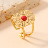 Vintage Boho Stainless Steel Ring – Turquoise Flower Statement Open Ring, Bold 12-Petal Design Adjustable Finger Ring for Women