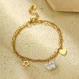 18K Gold Plated Stainless Steel Sunflower Beaded Bracelet – Pearl Heart Charm, Dainty Layered Bracelet for Women