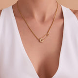 CZ Safety Pin Pendant Necklace – 18K Gold-Plated Stainless Steel, Bold & Stylish