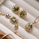 Emerald Forest Dreams Collection – Olive Green Zircon Maple Leaf Jewelry Set (Stud Earrings, Ear Cuff, Bracelet, Necklace)