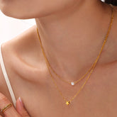 18K Gold Plated Stainless Steel Multi-Layer Necklace – Star & Pearl Design, Trendy for Layering