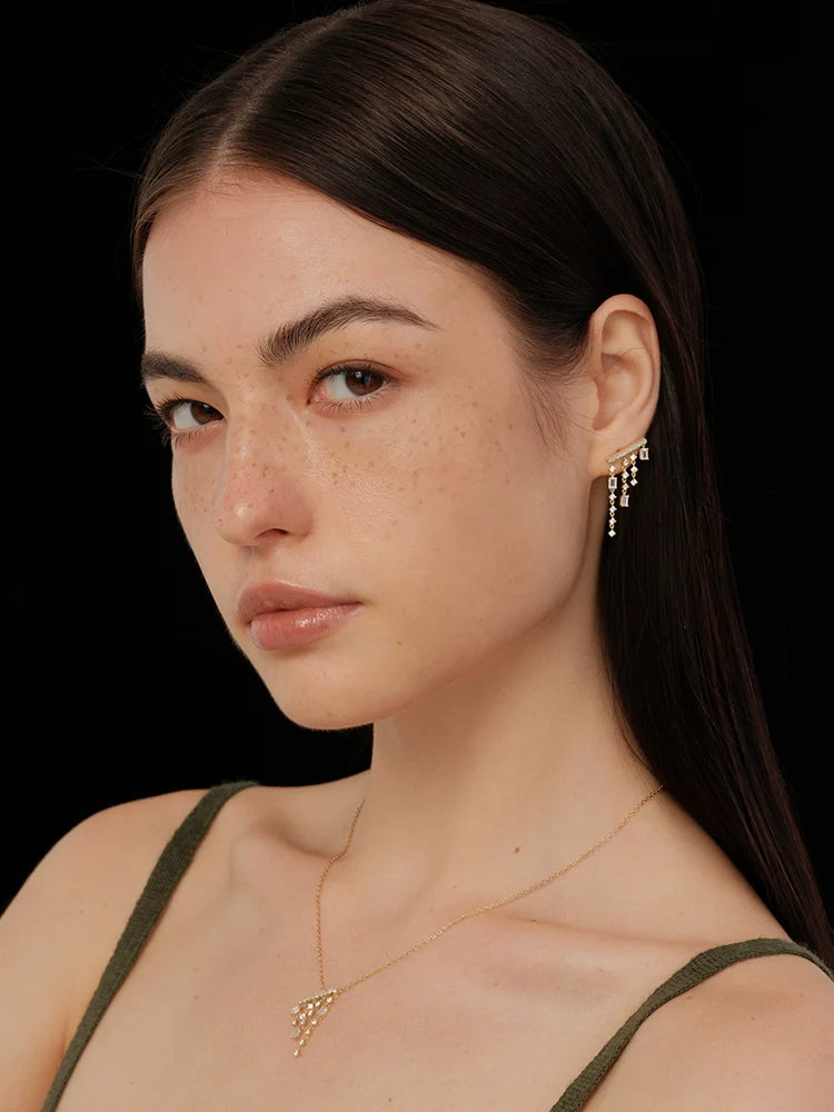 S925 Sterling Silver French Mini Chandelier Tassel Earrings Rainfall Square-Cut Design S925 Sterling Silver French Mini Chandelier Tassel Earrings Rainfall Square-Cut Design