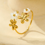 18K Gold Stainless Steel Flower Ring – Elegant White Shell & Zircon Inlay, Dainty Titanium Steel Jewelry for Women