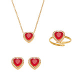 Red Zircon Heart Necklace Earrings Ring – Sparkling Full Crystal Stainless Steel 18K Gold Jewelry