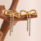 Delicate Bow Zircon Tassel Earrings – 18K Gold Plated Stainless Steel, Minimalist Chic Everyday Studs for Women