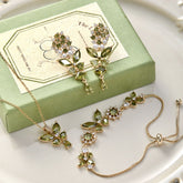 Misty Forest Olive Green Butterfly Zircon Jewelry Set – Earrings, Ear Cuffs, Bracelet & Necklace, Vintage-Inspired Sparkling Design