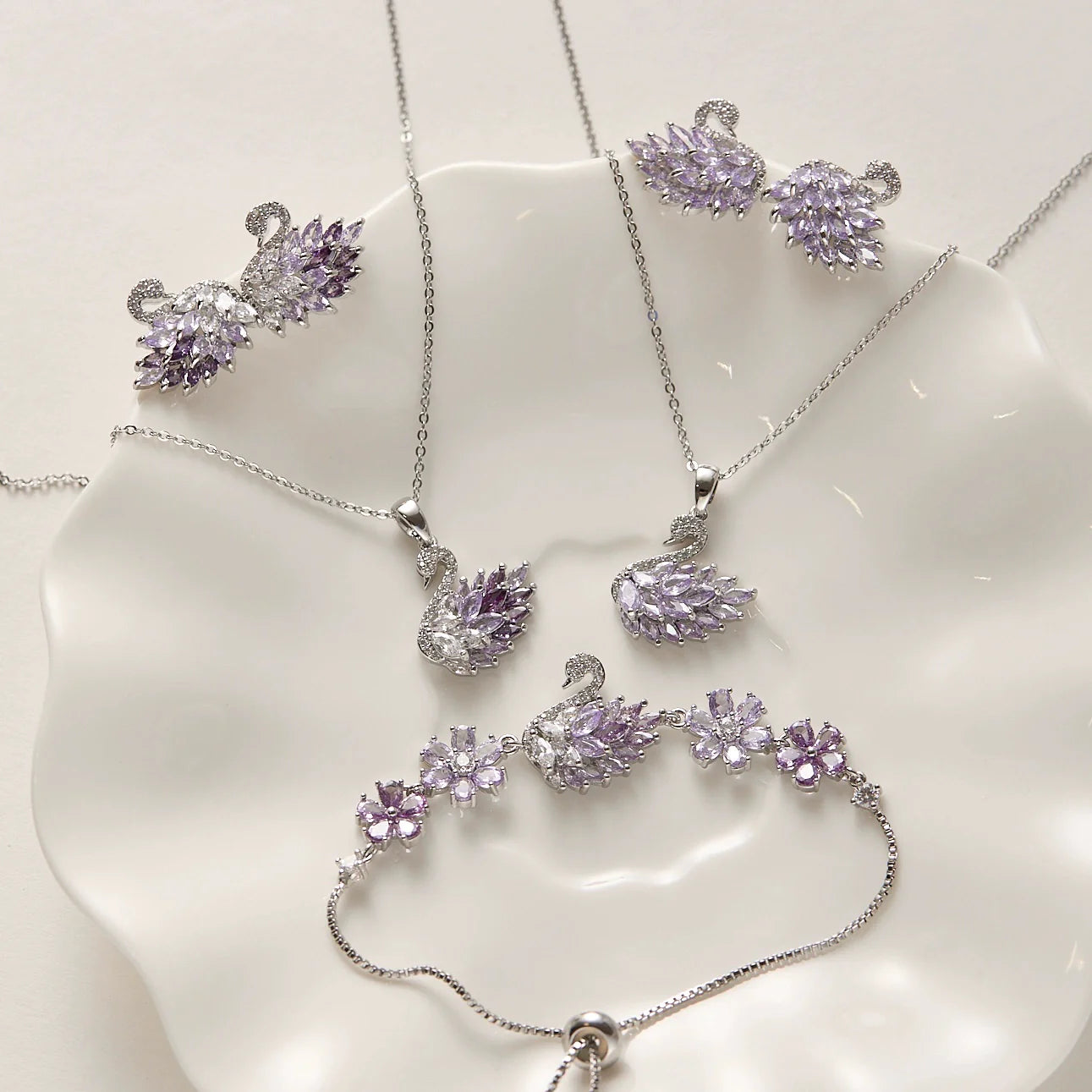 Midsummer Night’s Dream Collection – Vintage Swan Jewelry with Sparkling Purple Zircon (Stud Earrings, Ear Cuff, Necklace, Bracelet) Midsummer Night’s Dream Collection – Vintage Swan Jewelry with Sparkling Purple Zircon (Stud Earrings, Ear Cuff, Necklace, Bracelet)