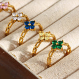 Floral Zircon Chain Ring – 18K Gold Plated Stainless Steel, Minimalist Chic Statement Ring for Women