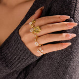 18K Gold Stainless Steel Flower Ring – Elegant White Shell & Zircon Inlay, Dainty Titanium Steel Jewelry for Women