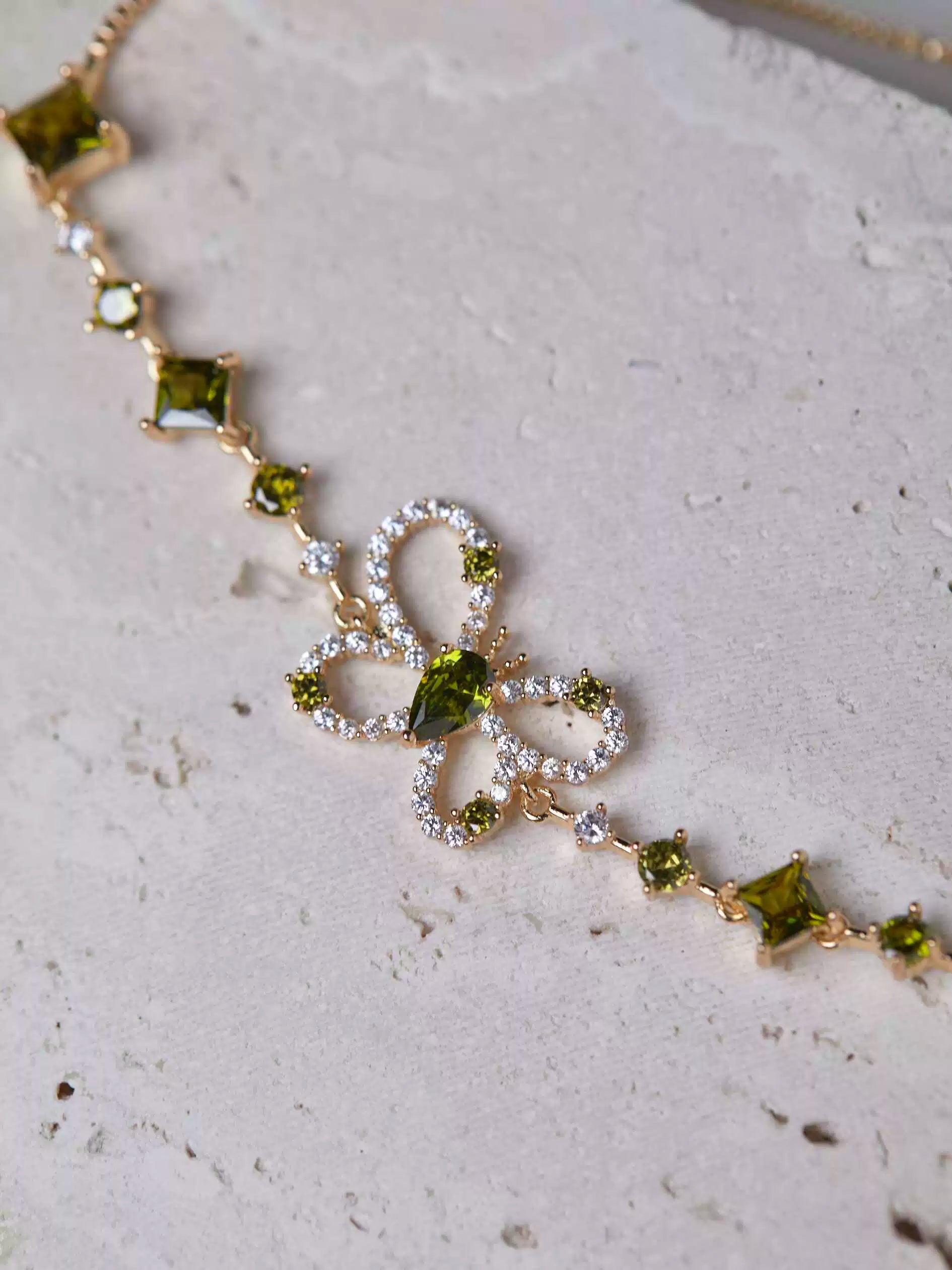 Misty Forest Olive Green Zircon Butterfly Bracelet – Unique Designer Sparkling Jewelry Misty Forest Olive Green Zircon Butterfly Bracelet – Unique Designer Sparkling Jewelry