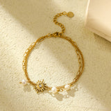 18K Gold Plated Stainless Steel Sunflower Beaded Bracelet – Pearl Heart Charm, Dainty Layered Bracelet for Women