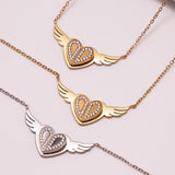 Layered Angel Wing Heart Necklace – 18K Gold-Plated, CZ Pendant with Blade Chain