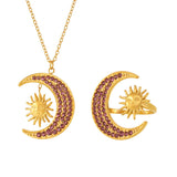 Sun & Moon Zircon Ring and Pendant Necklace – 18K Gold PVD Stainless Steel