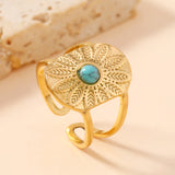 Vintage Boho Stainless Steel Ring – Turquoise Flower Statement Open Ring, Bold 12-Petal Design Adjustable Finger Ring for Women