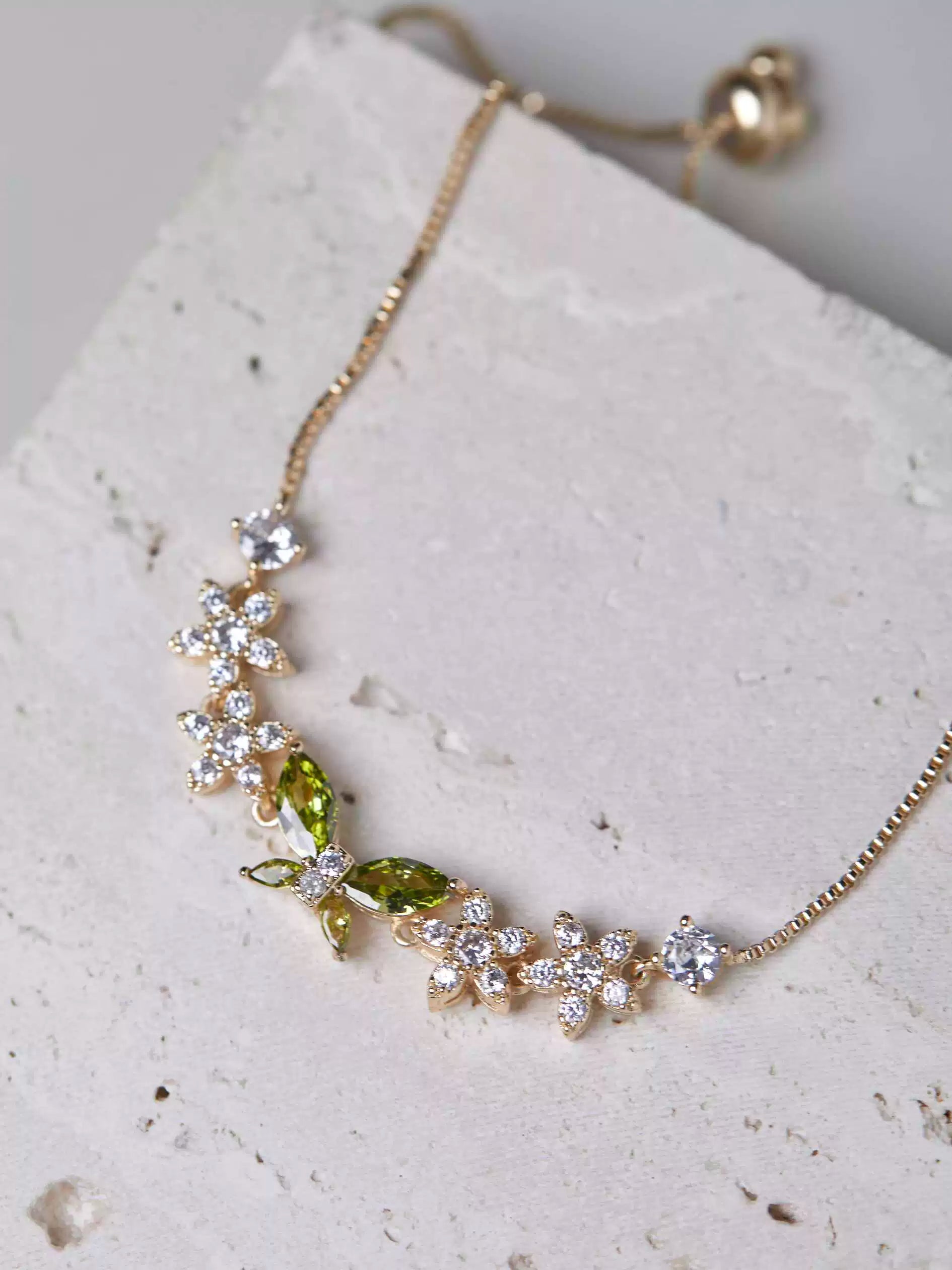 Misty Forest Olive Green Zircon Butterfly Bracelet – Unique Designer Sparkling Jewelry Misty Forest Olive Green Zircon Butterfly Bracelet – Unique Designer Sparkling Jewelry