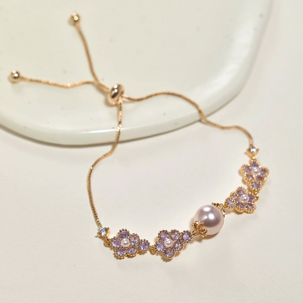 Midsummer Night’s Dream Purple Zircon Butterfly & Pearl Bracelet – Vintage-Inspired Sparkling Dreamy Design