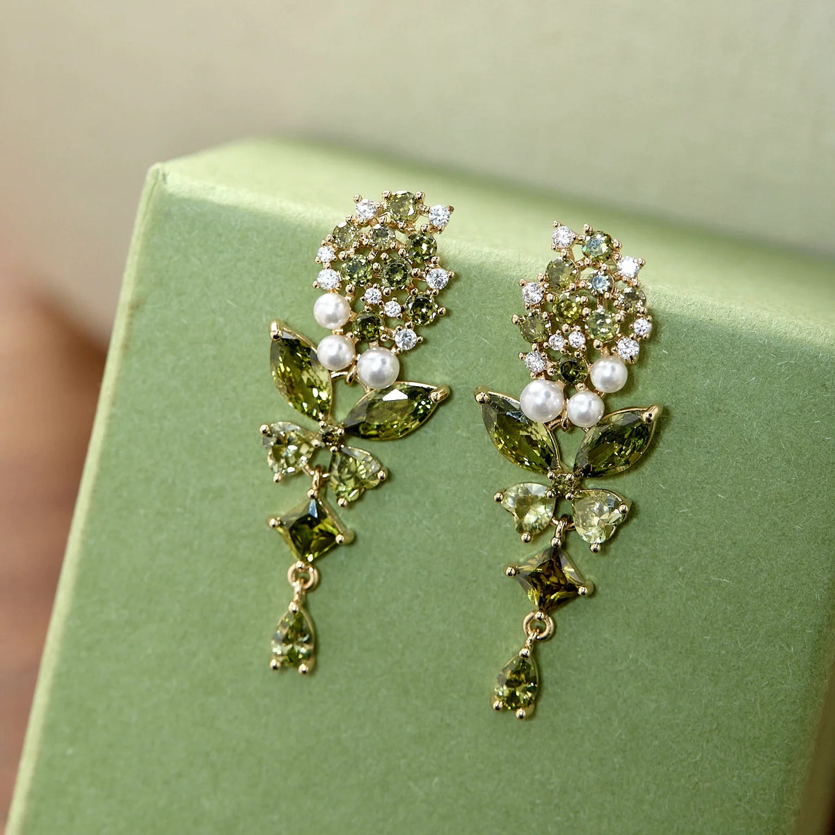 Misty Forest Olive Green Butterfly Zircon Jewelry Set – Earrings, Ear Cuffs, Bracelet & Necklace, Vintage-Inspired Sparkling Design