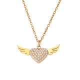 18K Gold Plated Stainless Steel Double-Layer Necklace – Paved Heart & Wing Zircon Pendant