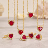 Red Zircon Heart Necklace Earrings Ring – Sparkling Full Crystal Stainless Steel 18K Gold Jewelry